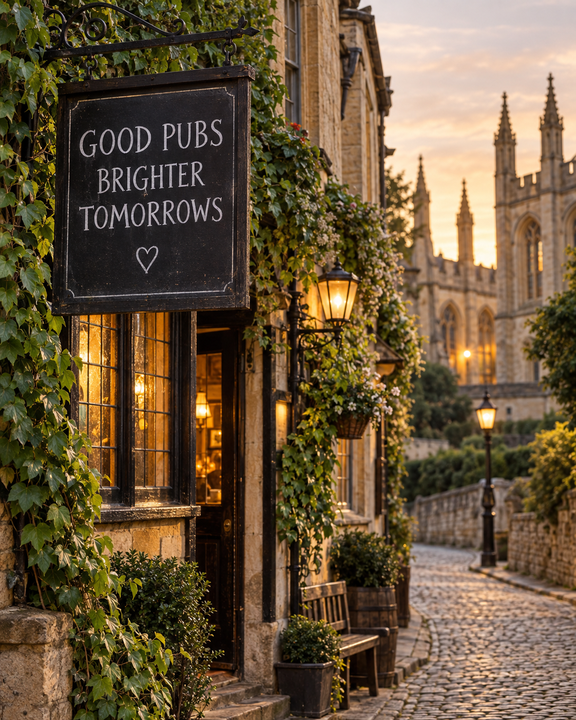 An ivy-covered British pub with a hanging sign reading Good pubs, brighter tomorrows